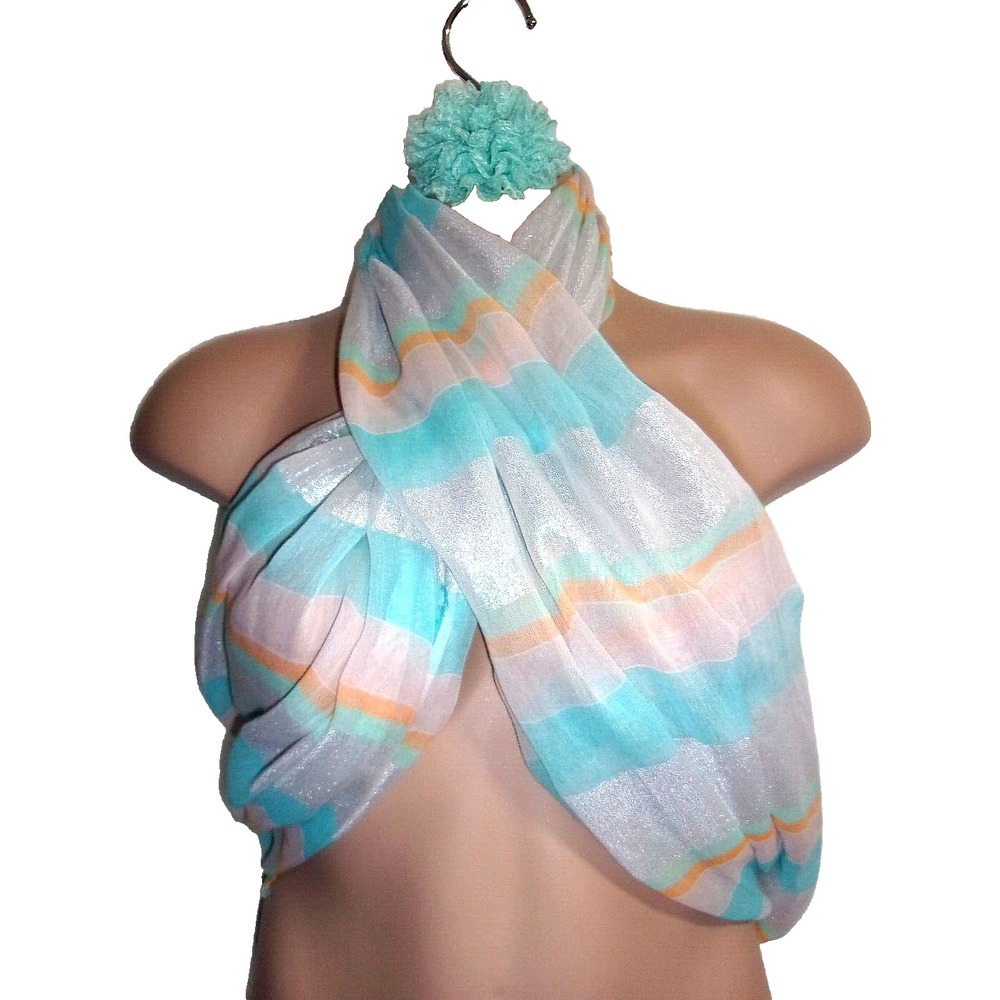 J Crew Metallic Silver White Aqua Orange Striped Women's Scarf Shawl Wrap NWT